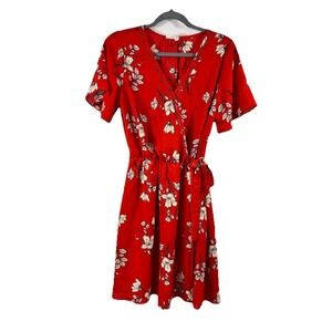 Sienna Sky Red Floral Wrap Dress L Boho Cottagecore Romantic V-Neck Mini Flutter